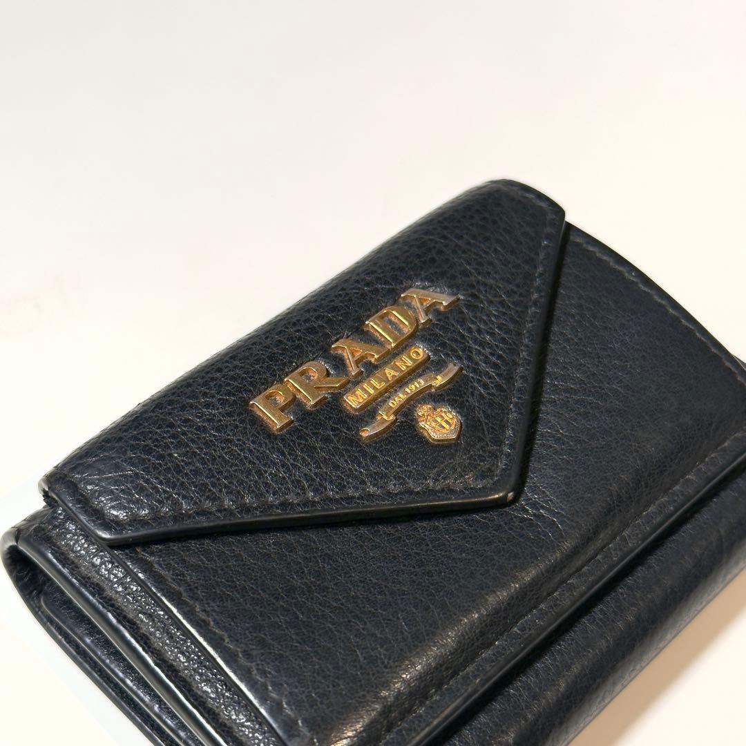 良品 PRADA プラダ 3つ折り財布 コンパクト ブラック レザー
