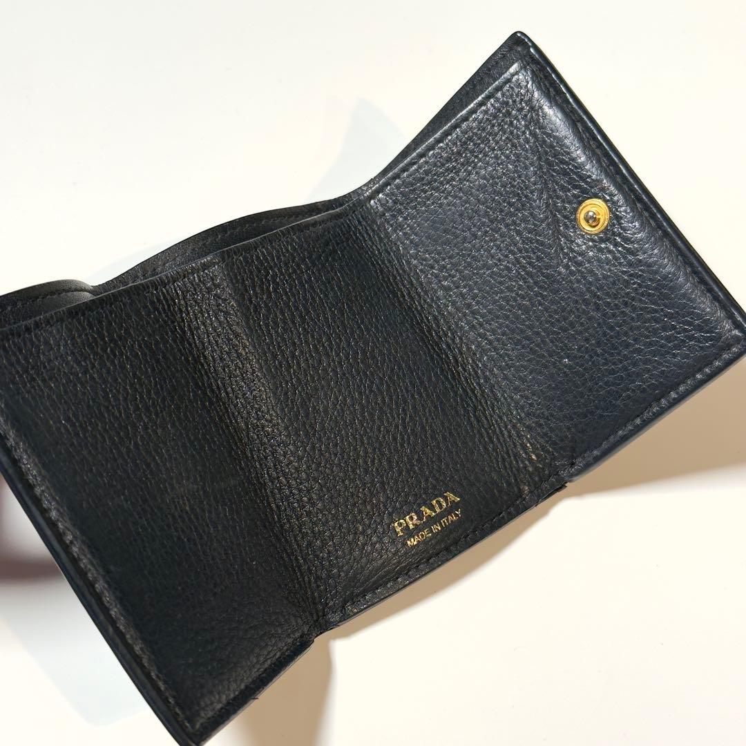 良品 PRADA プラダ 3つ折り財布 コンパクト ブラック レザー