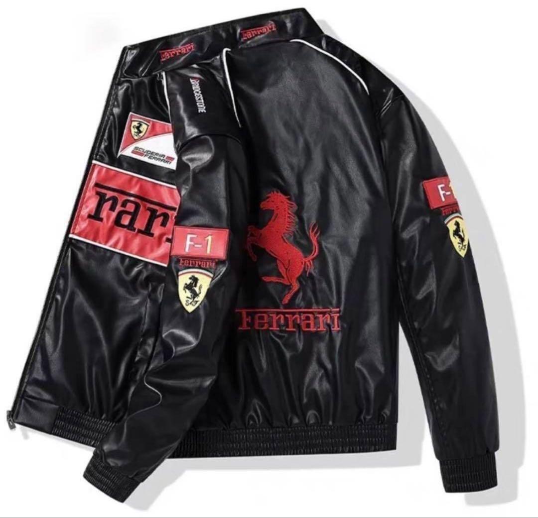 FERRARI 刺繍ロゴ入り　ヴィンテージレザージャケット XLサイズ
