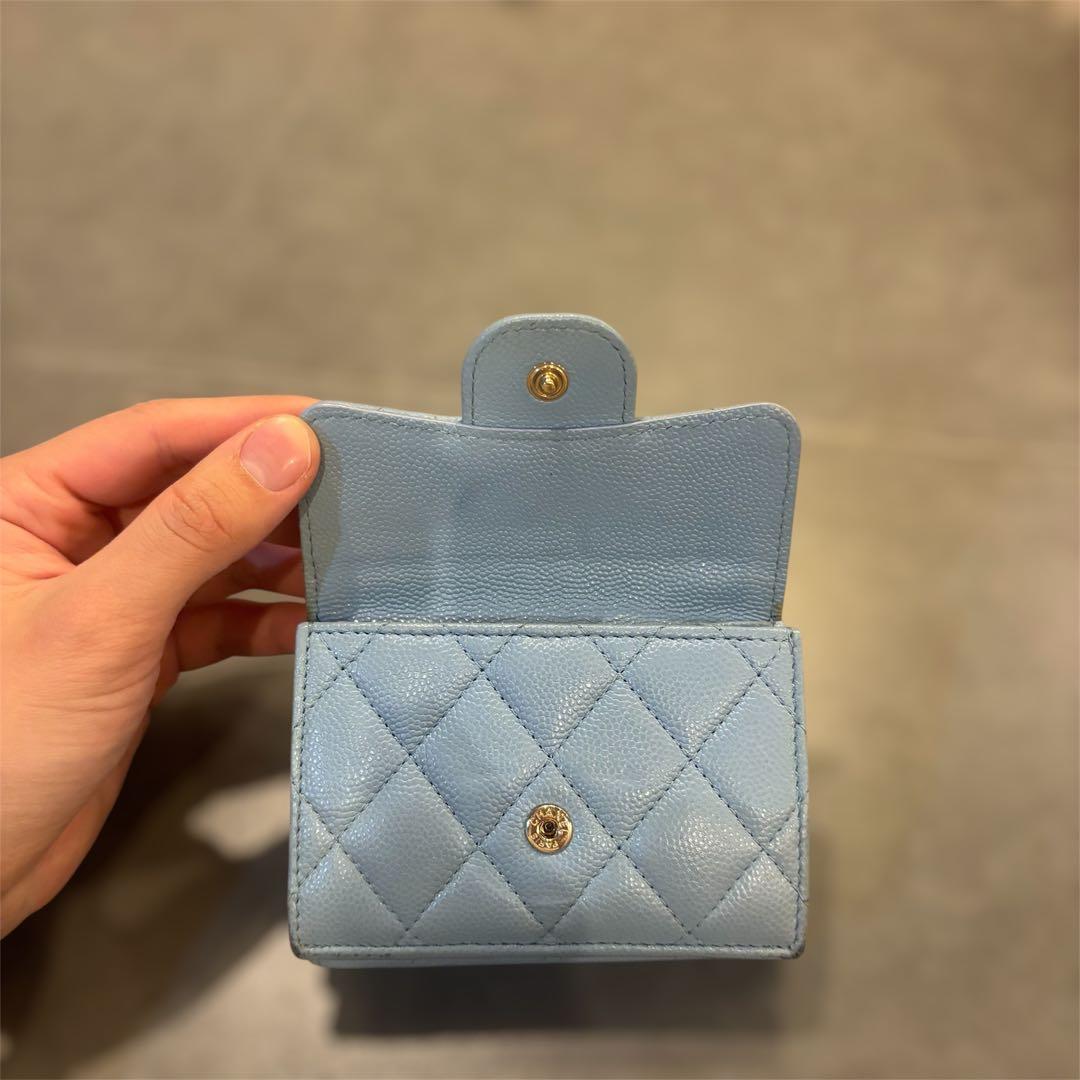 CHANEL 水色 三つ折り財布 キャビアスキン マトラッセ ブルー ウォレット