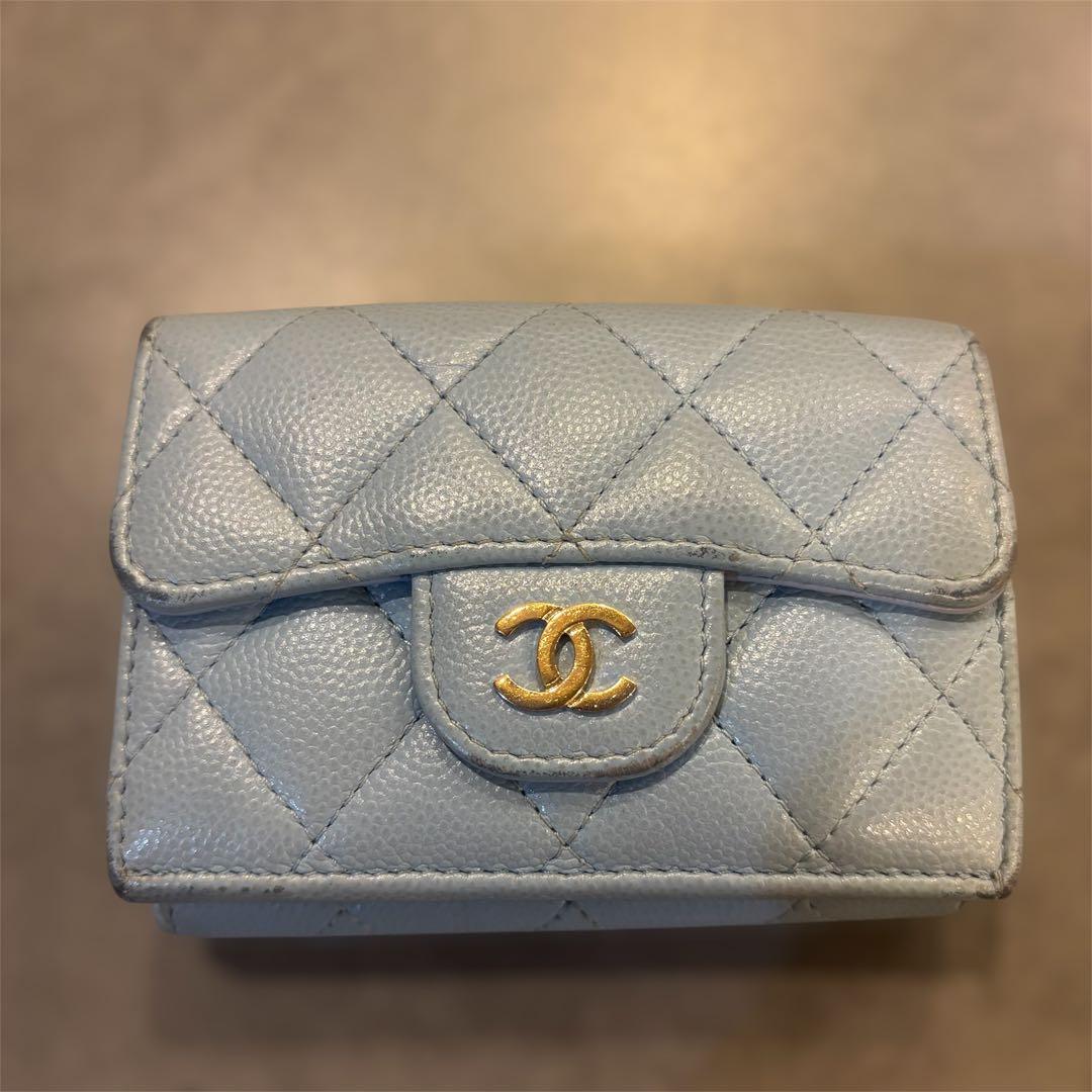 CHANEL 水色 三つ折り財布 キャビアスキン マトラッセ ブルー ウォレット