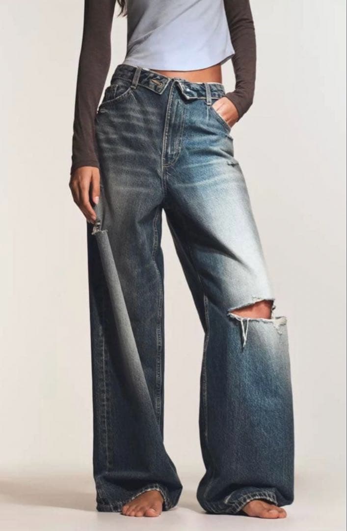 ZARA TRF 折り返しウエスト ミッドライズデニムパンツ32