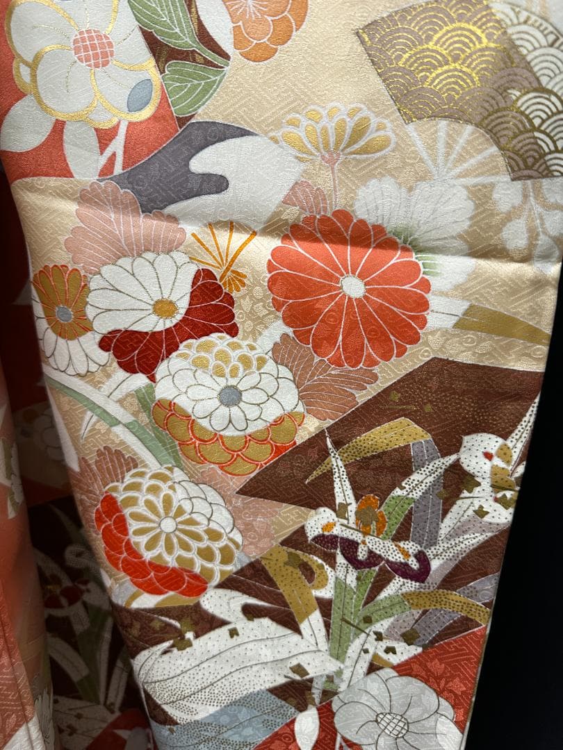 京友禅 オレンジ地 染め分け 四季の花 金駒刺繍 川島織物袋帯フルセット