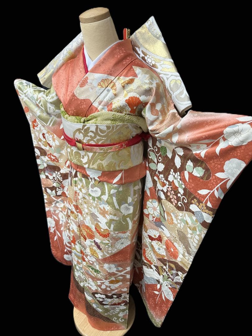 京友禅 オレンジ地 染め分け 四季の花 金駒刺繍 川島織物袋帯フルセット
