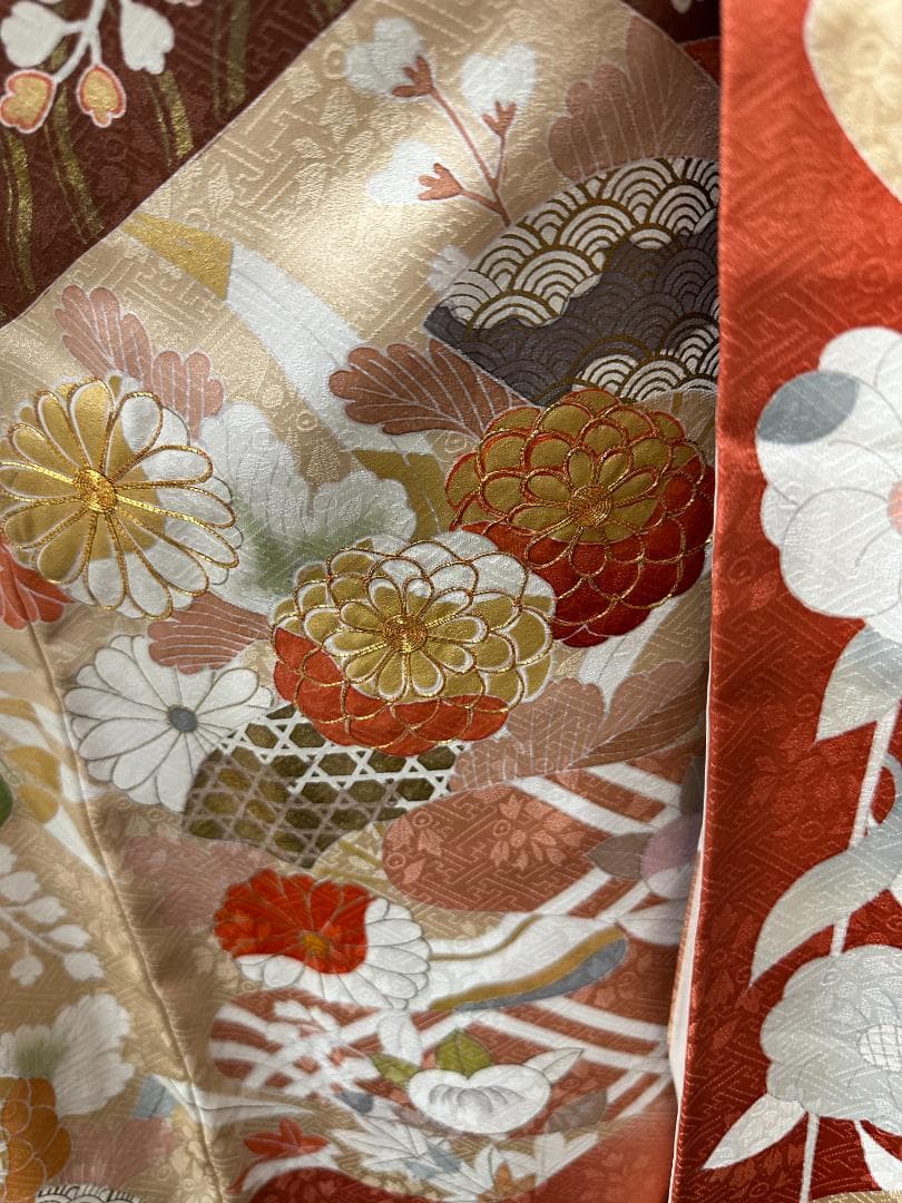 京友禅 オレンジ地 染め分け 四季の花 金駒刺繍 川島織物袋帯フルセット