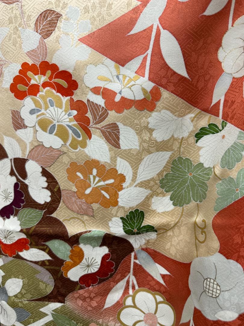 京友禅 オレンジ地 染め分け 四季の花 金駒刺繍 川島織物袋帯フルセット