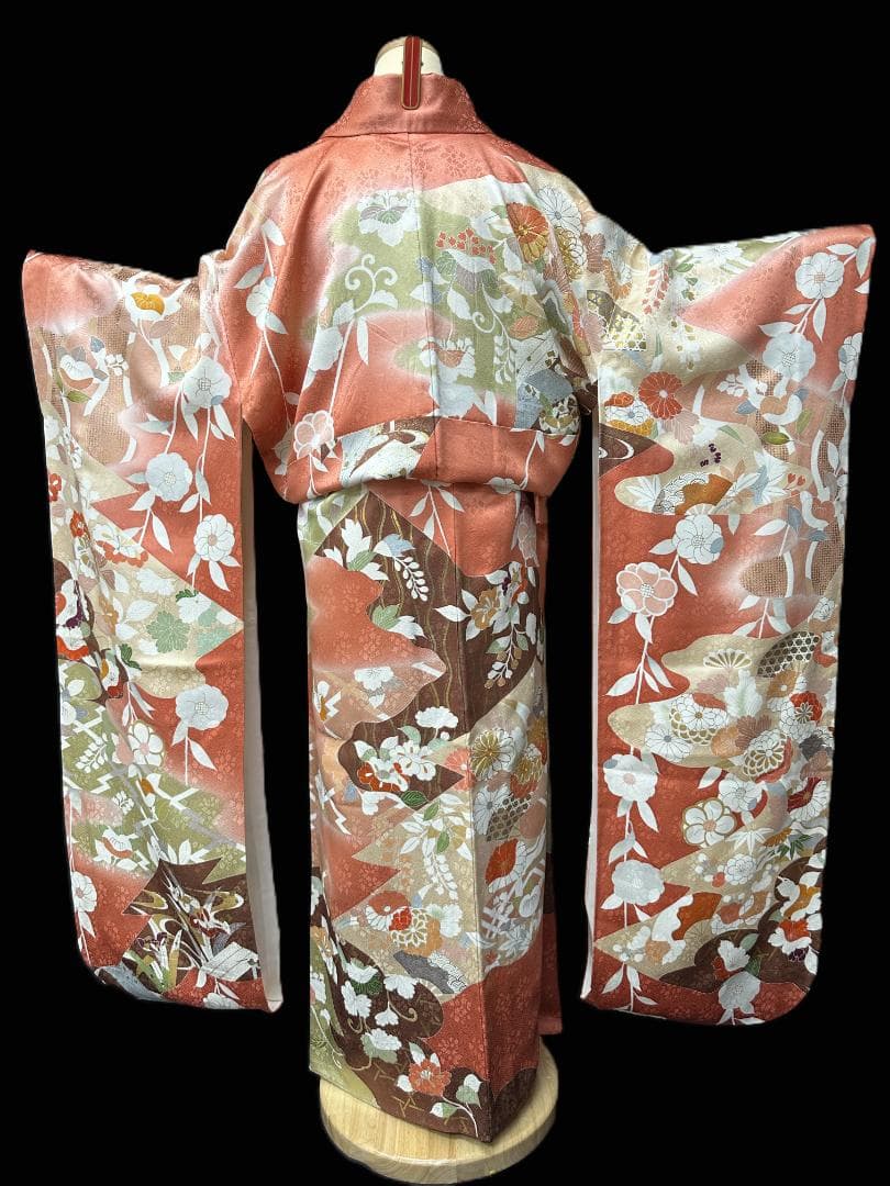 京友禅 オレンジ地 染め分け 四季の花 金駒刺繍 川島織物袋帯フルセット