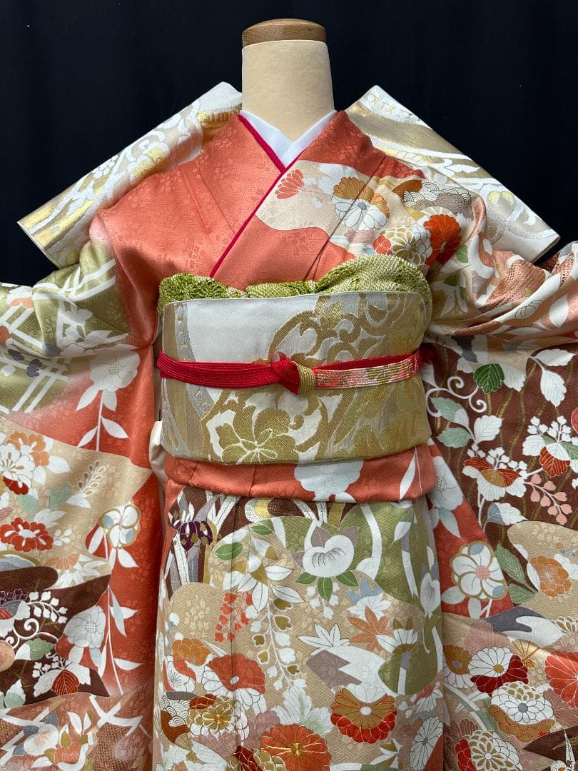 京友禅 オレンジ地 染め分け 四季の花 金駒刺繍 川島織物袋帯フルセット