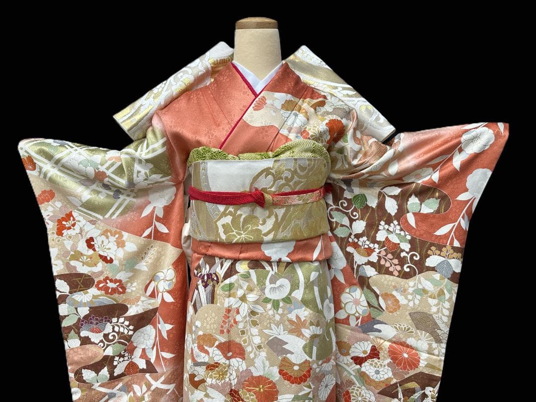 京友禅 オレンジ地 染め分け 四季の花 金駒刺繍 川島織物袋帯フルセット