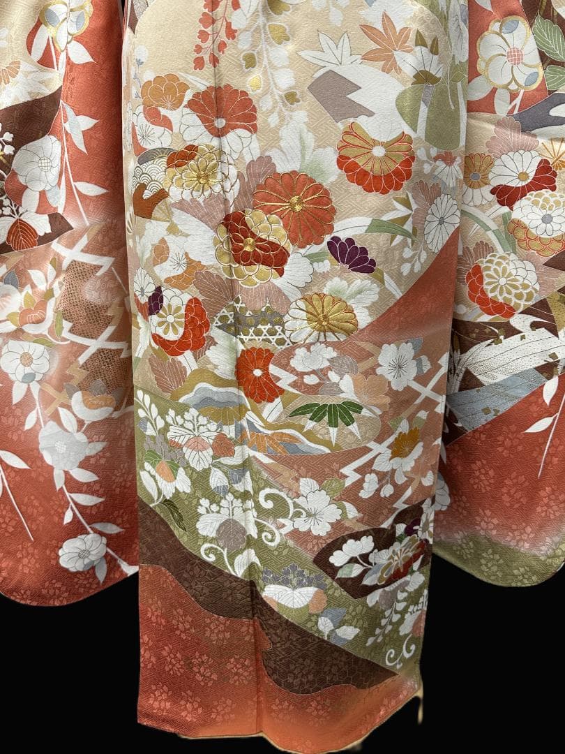 京友禅 オレンジ地 染め分け 四季の花 金駒刺繍 川島織物袋帯フルセット