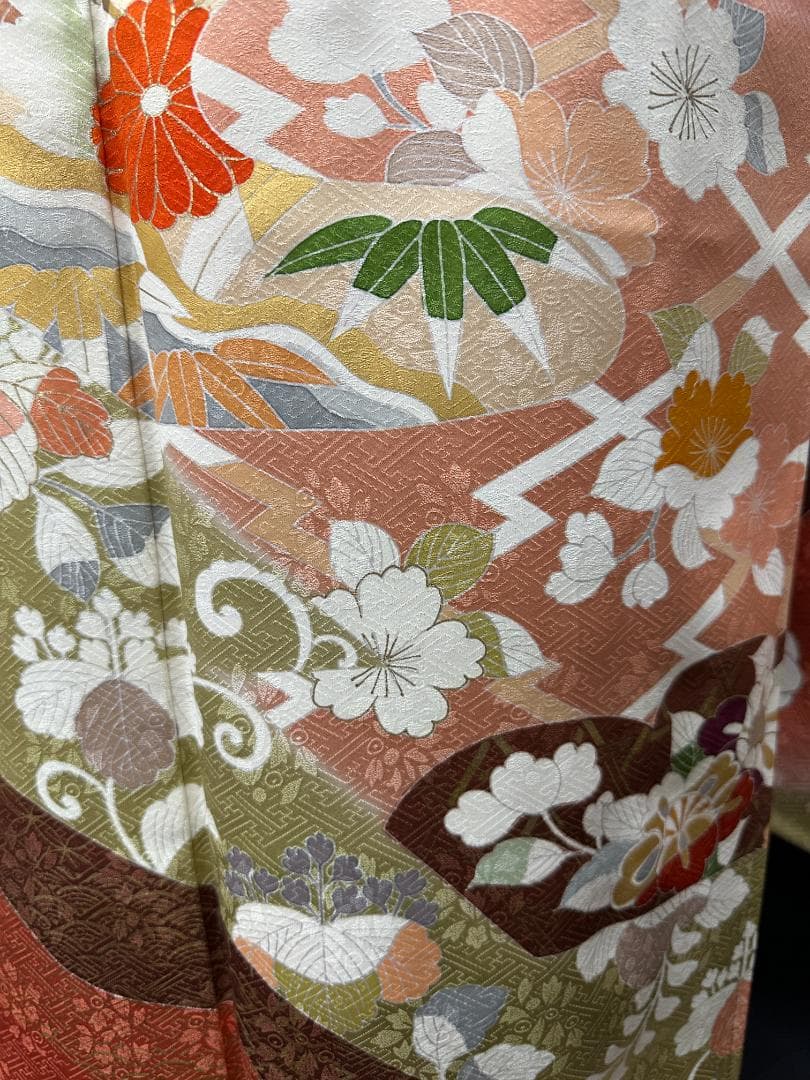 京友禅 オレンジ地 染め分け 四季の花 金駒刺繍 川島織物袋帯フルセット