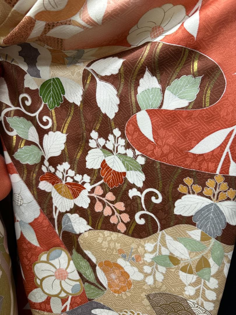 京友禅 オレンジ地 染め分け 四季の花 金駒刺繍 川島織物袋帯フルセット