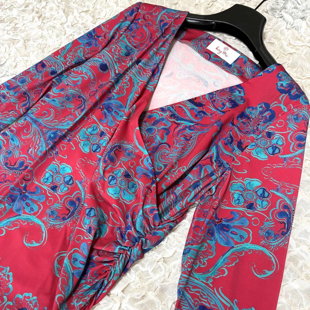 美品 kay me ケイミー13サイズ シノワレッド サイドギャザーワンピース