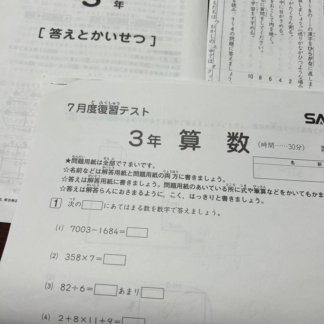 ㉔け　SAPIX サピックス　3年　7月度復習テスト　書き込み処理済み