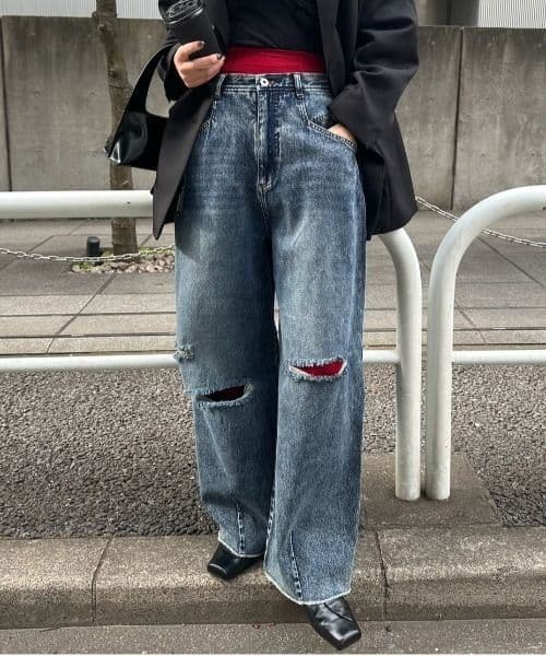 Ameri♡ HEART PATCH DAMAGE DENIM PANTS