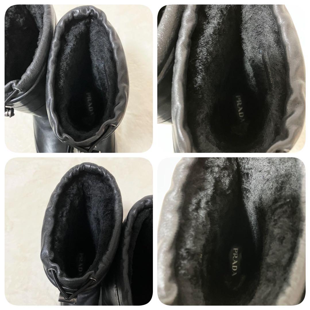 未使用級 箱付 PRADA レザー ブーツ 三角ロゴ 黒 厚底 38.5 ファー