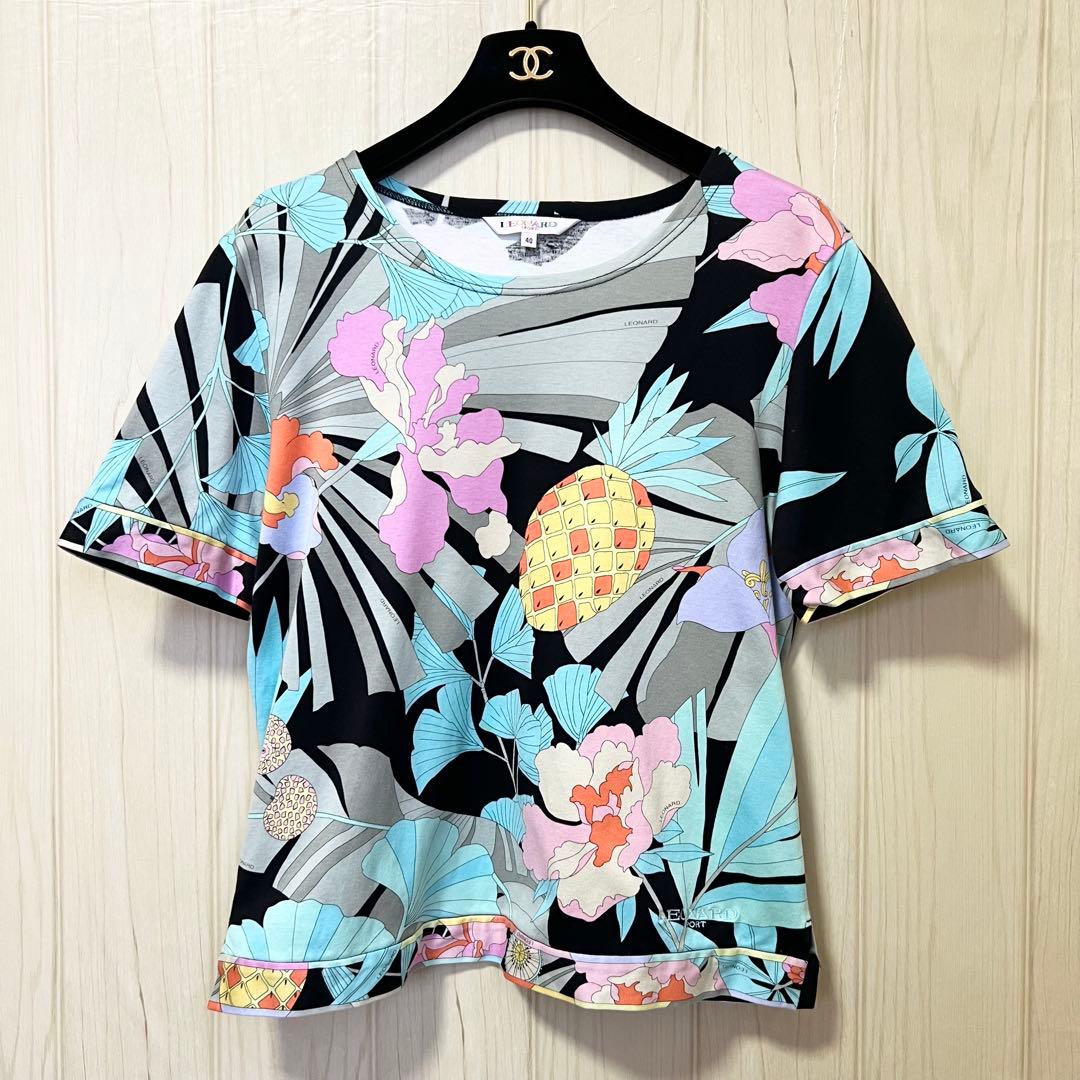 【レオナールスポーツ】コットン花柄パインプリントTシャツ☆カットソー☆半袖☆L