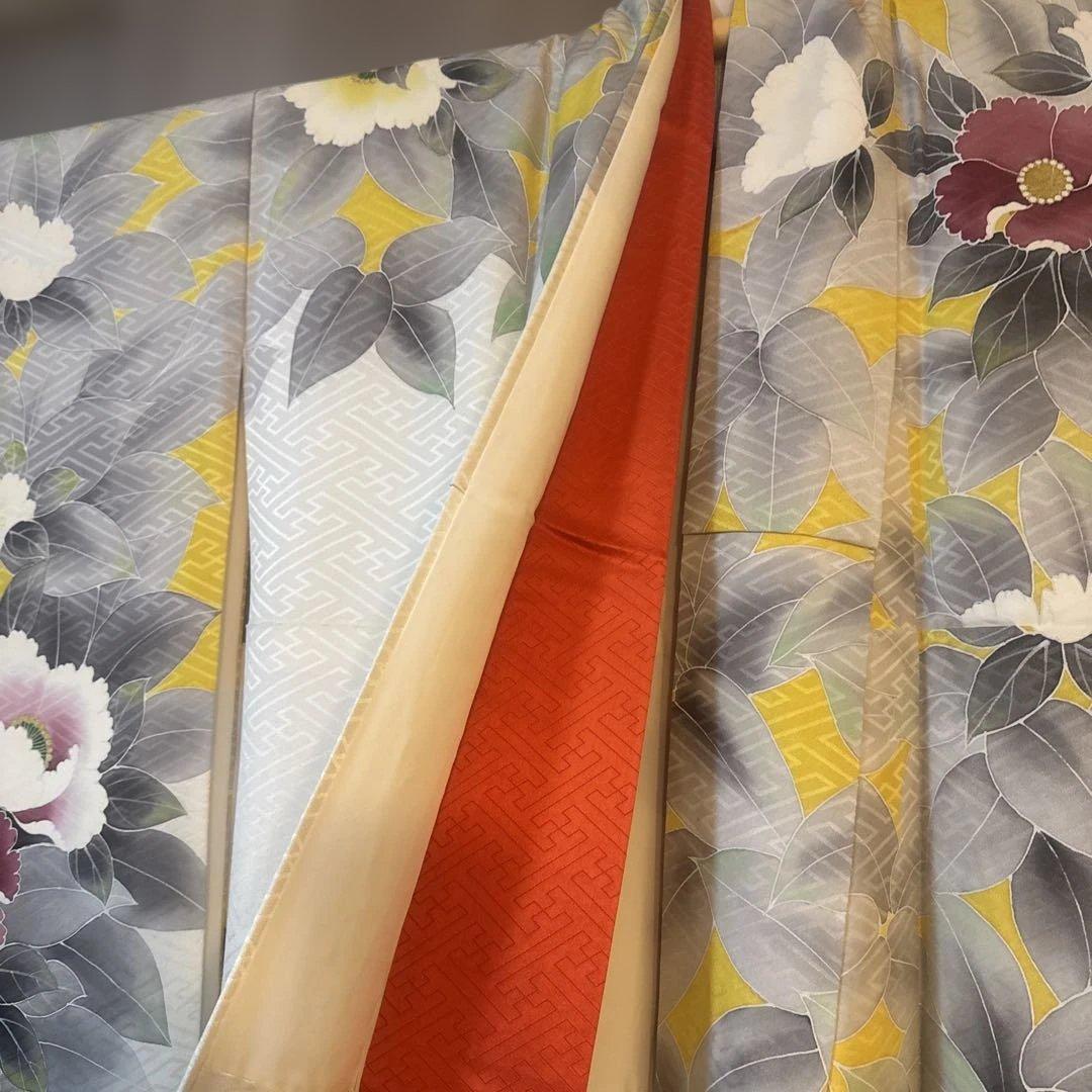 即日発送❗️花柄振袖 グレーと黄色　上品 華やか 成人式 結婚式　クリーニング済み