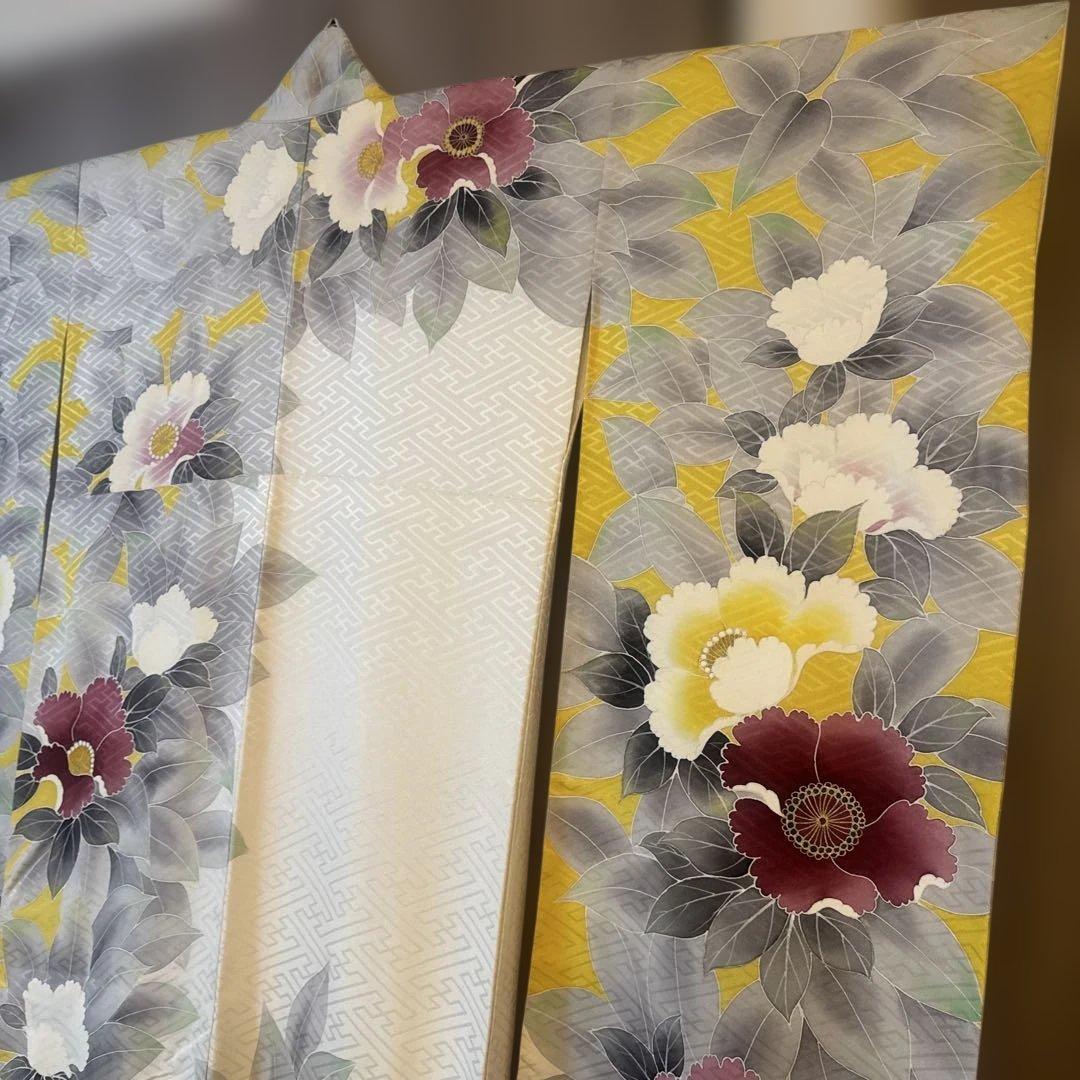 即日発送❗️花柄振袖 グレーと黄色　上品 華やか 成人式 結婚式　クリーニング済み