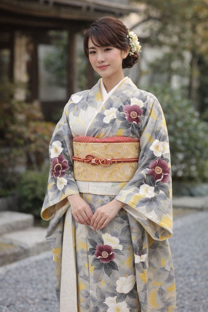 即日発送❗️花柄振袖 グレーと黄色　上品 華やか 成人式 結婚式　クリーニング済み