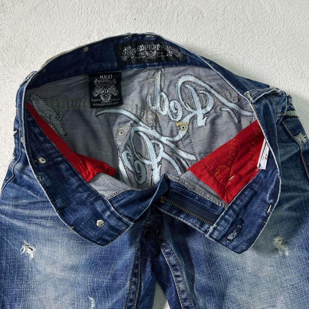 【redpepper】ダメージストレートデニム　レディース　28 ロゴ刺繍　青