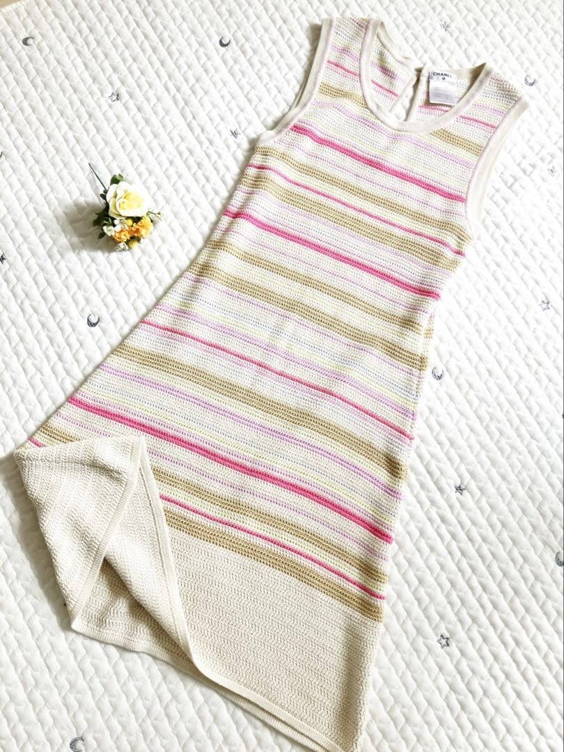 極美品　CHANEL ココボタン 春色ボーダー ニットワンピース リゾート