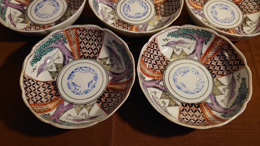 古伊万里　伊万里　色絵　金襴手　なます皿　江戸期　蔵出し　風景画　５客