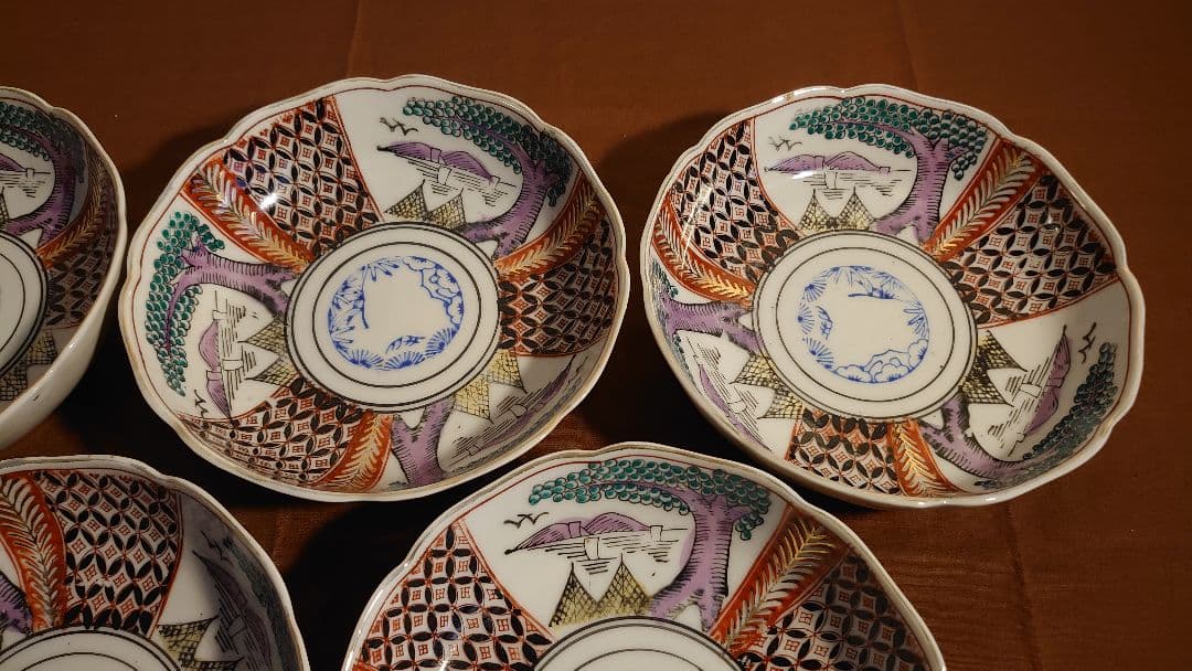古伊万里　伊万里　色絵　金襴手　なます皿　江戸期　蔵出し　風景画　５客