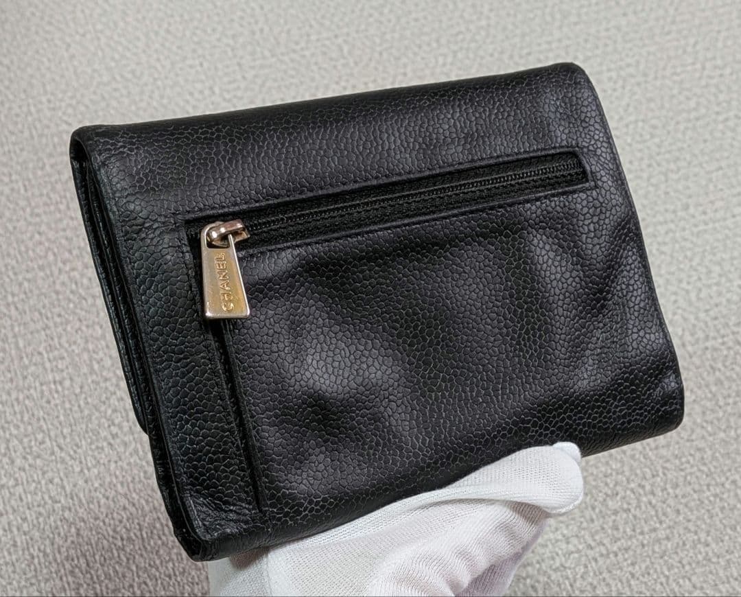 シャネル　デカココ　三つ折り財布　キャビアスキン　黒　チェーンウォレット