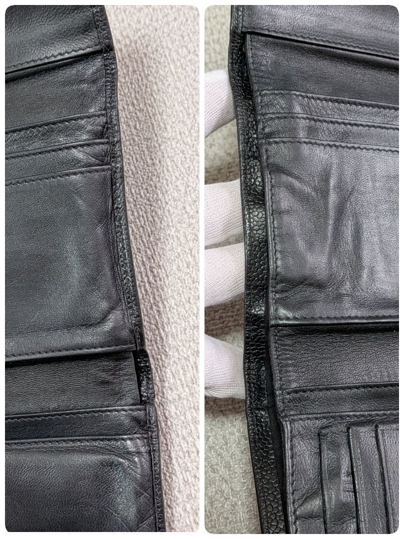 シャネル　デカココ　三つ折り財布　キャビアスキン　黒　チェーンウォレット