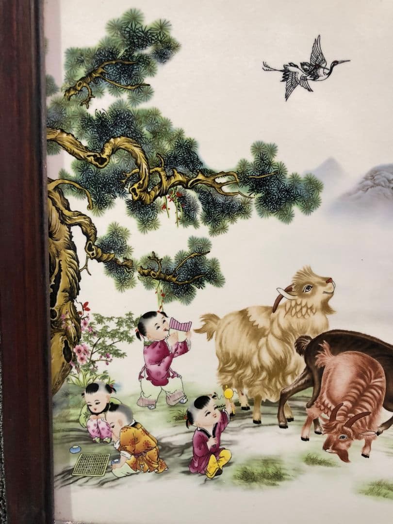 景徳鎮 陶板画 三羊開泰 応接間 玄関 書斎 茶室 風水 置物 装飾品 工芸品