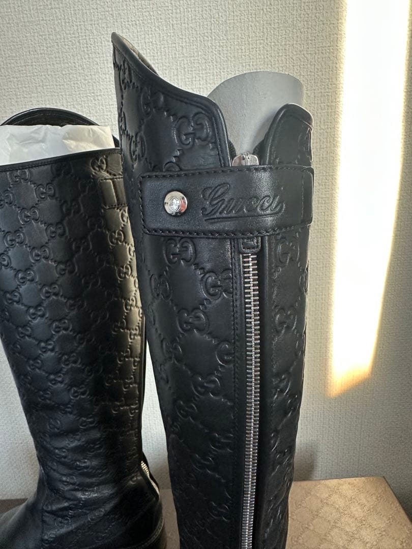 GUCCI ブラックレザー ロングブーツ GGパターン　39サイズ