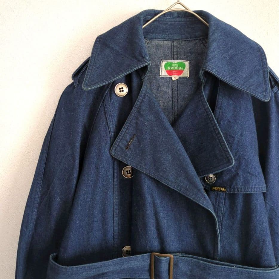 【ロックスペニー】国産レトロ古着70S　ヴィンテージ　デニムトレンチコート 　S