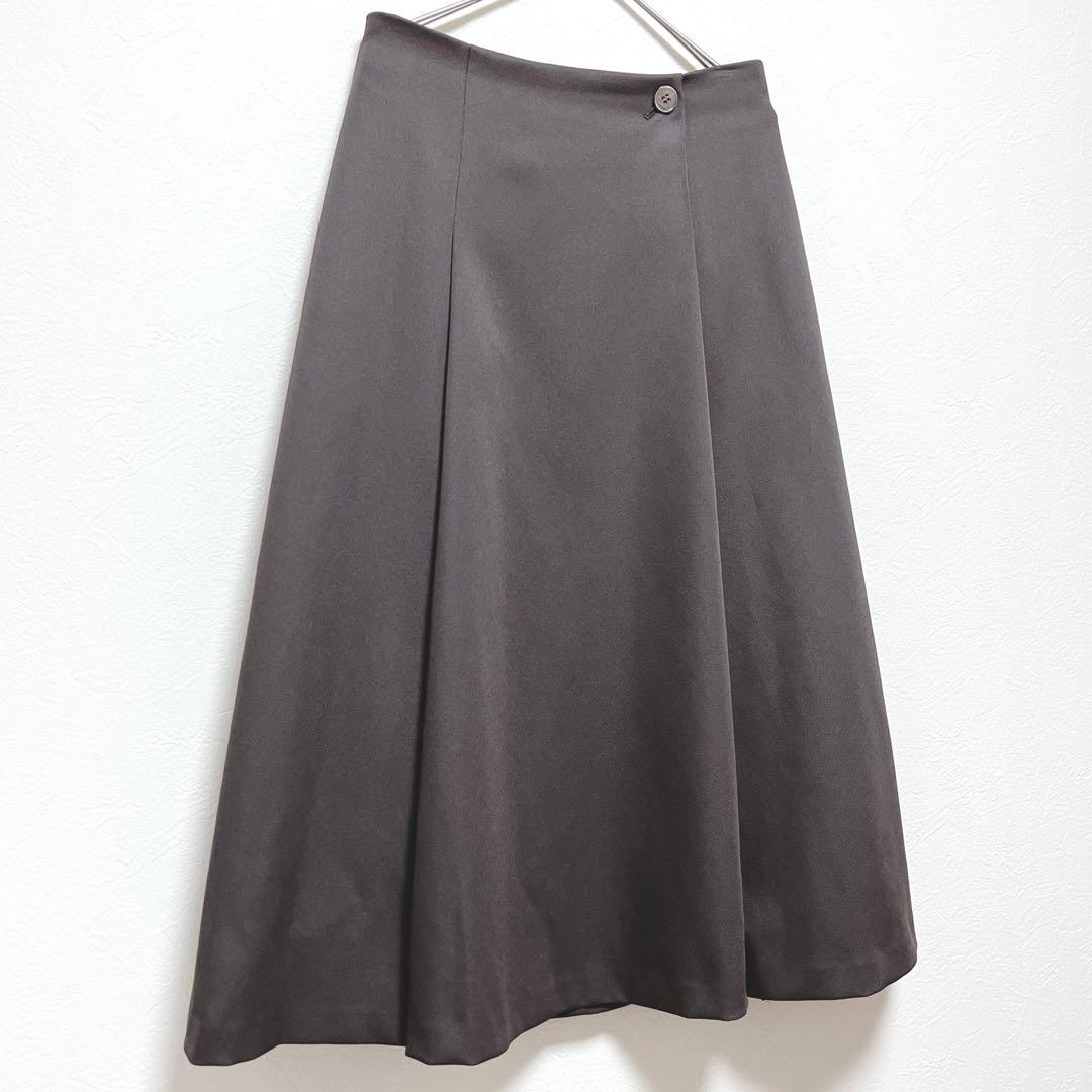 【ロペ】ダブルサテンタックミディフレアースカート/美品/ダークブラウン
