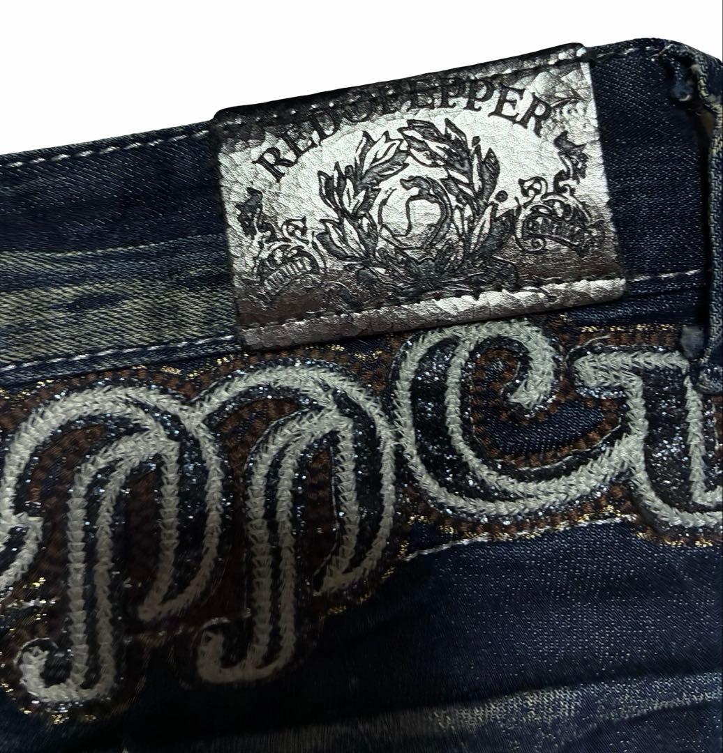 y2k レッドペッパー　スキニー　デニム　十字架　クロス　刺繍　ラメ