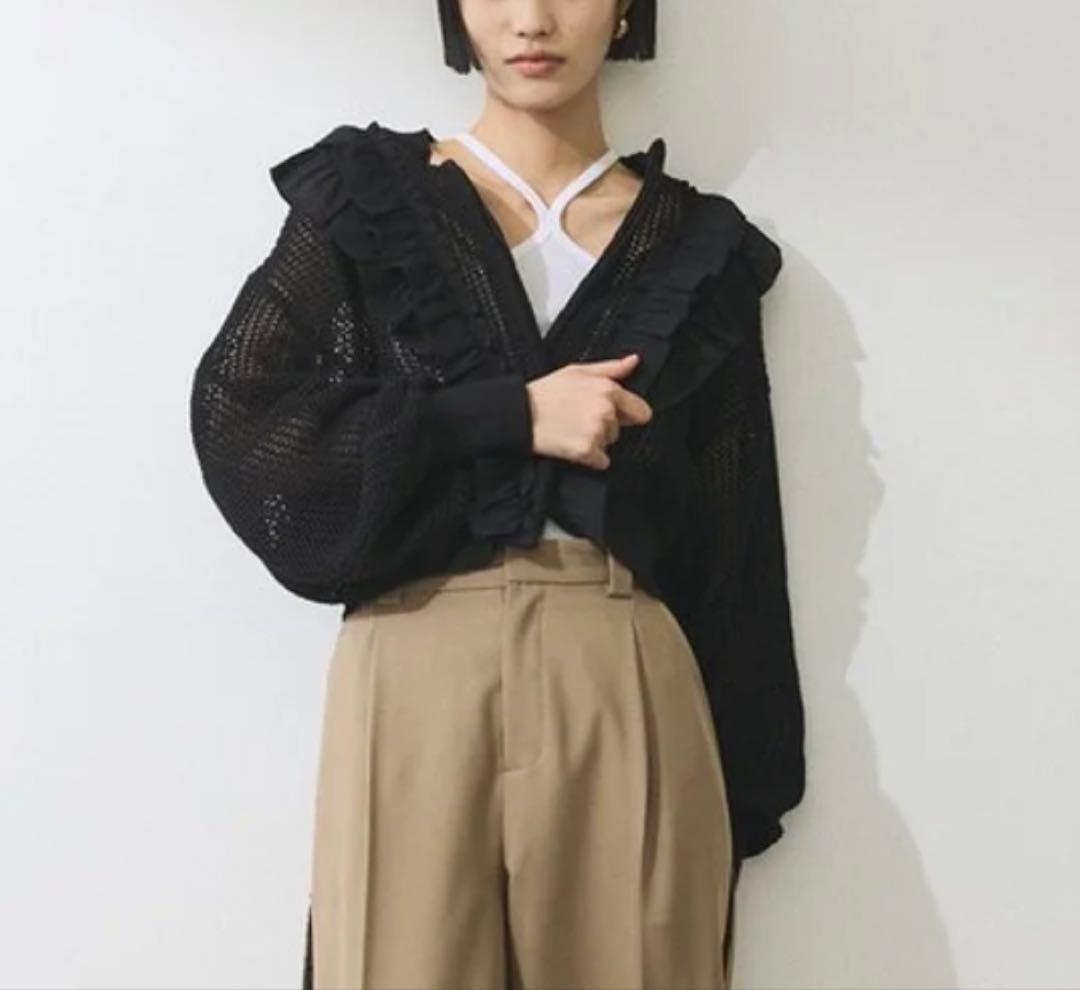 アダムエロペ ラッフルメッシュ編みカーディガン ブラック F フリル ジップ