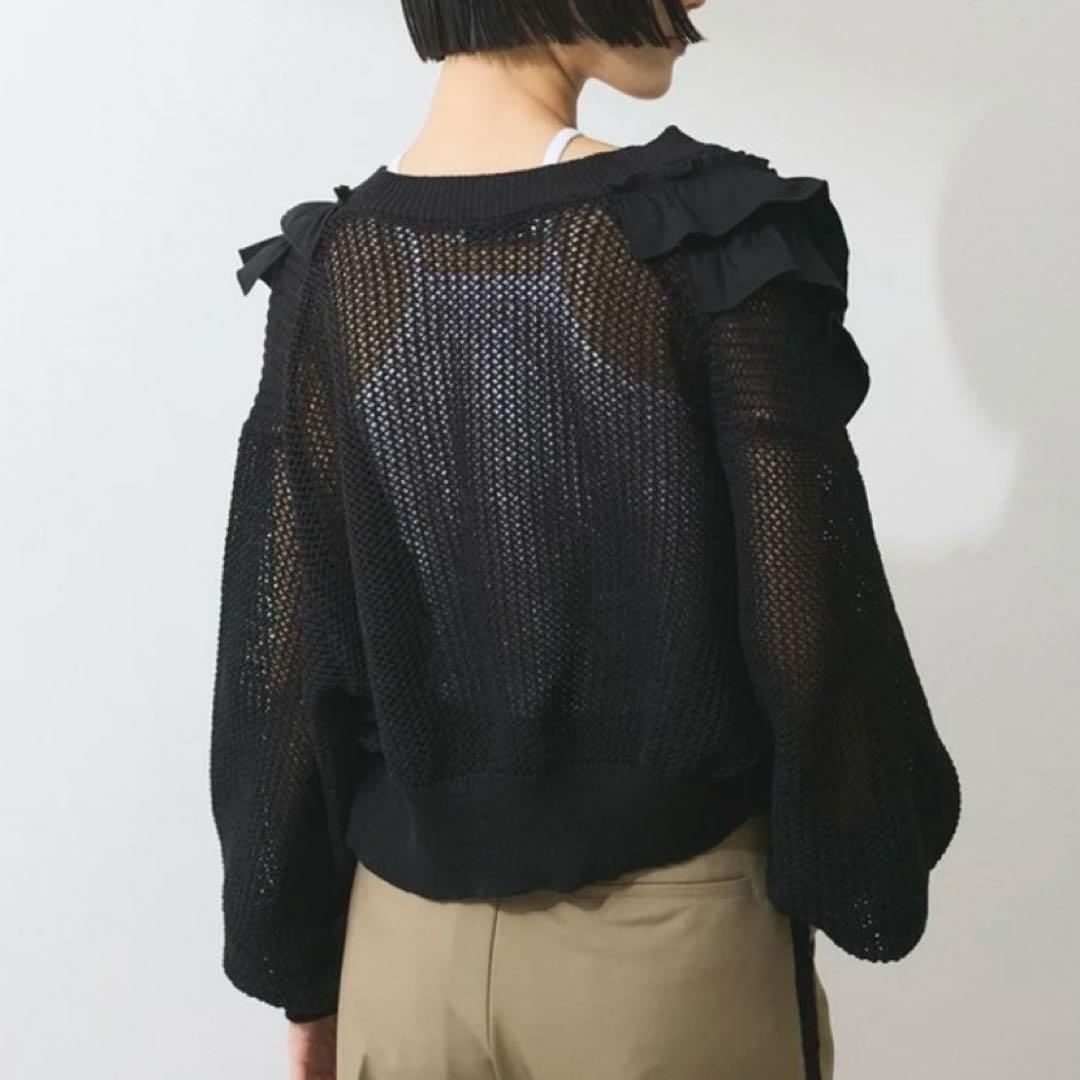 アダムエロペ ラッフルメッシュ編みカーディガン ブラック F フリル ジップ