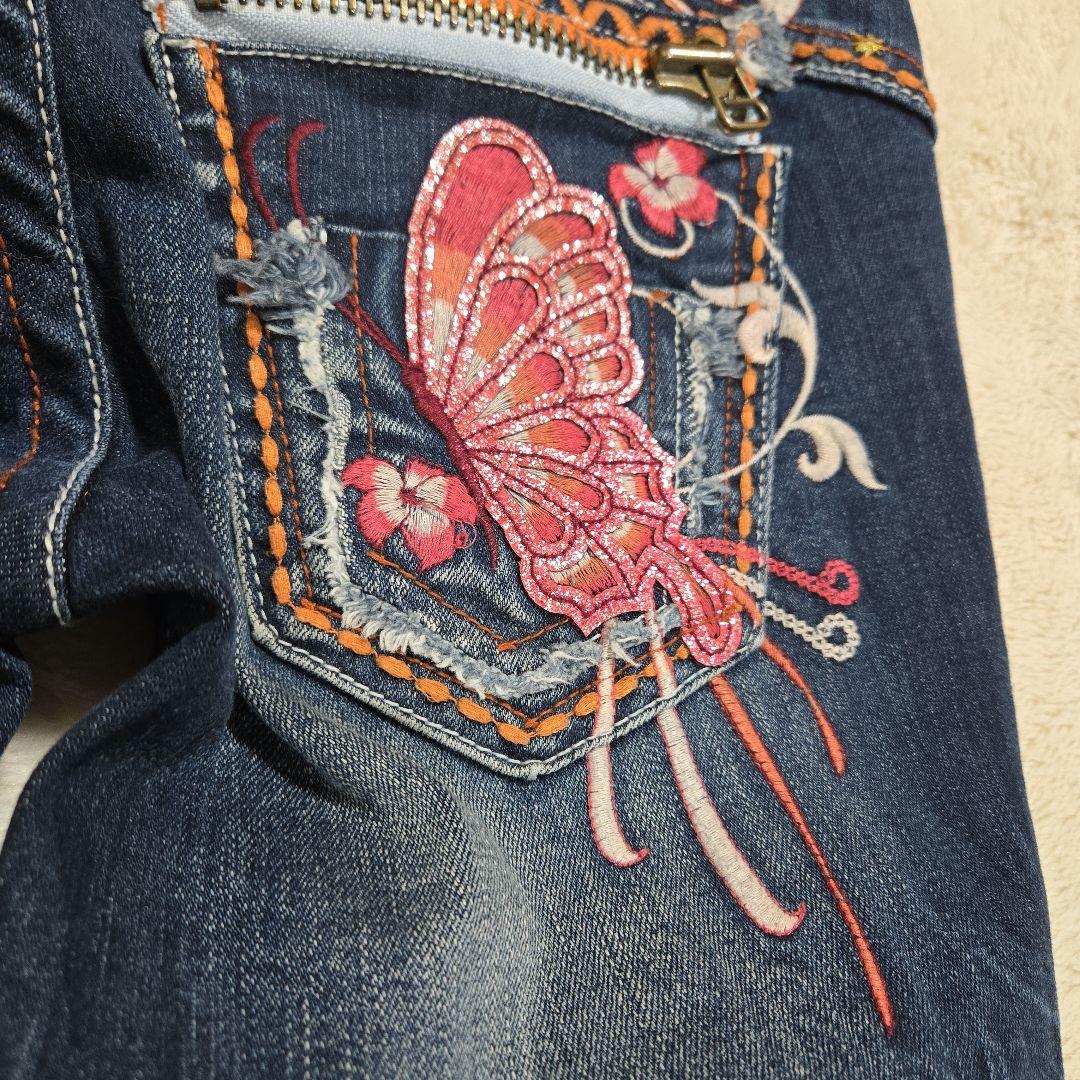 y2k グラスホッパー 美脚 ストレッチ ブーツカット デニム 蝶 刺繍