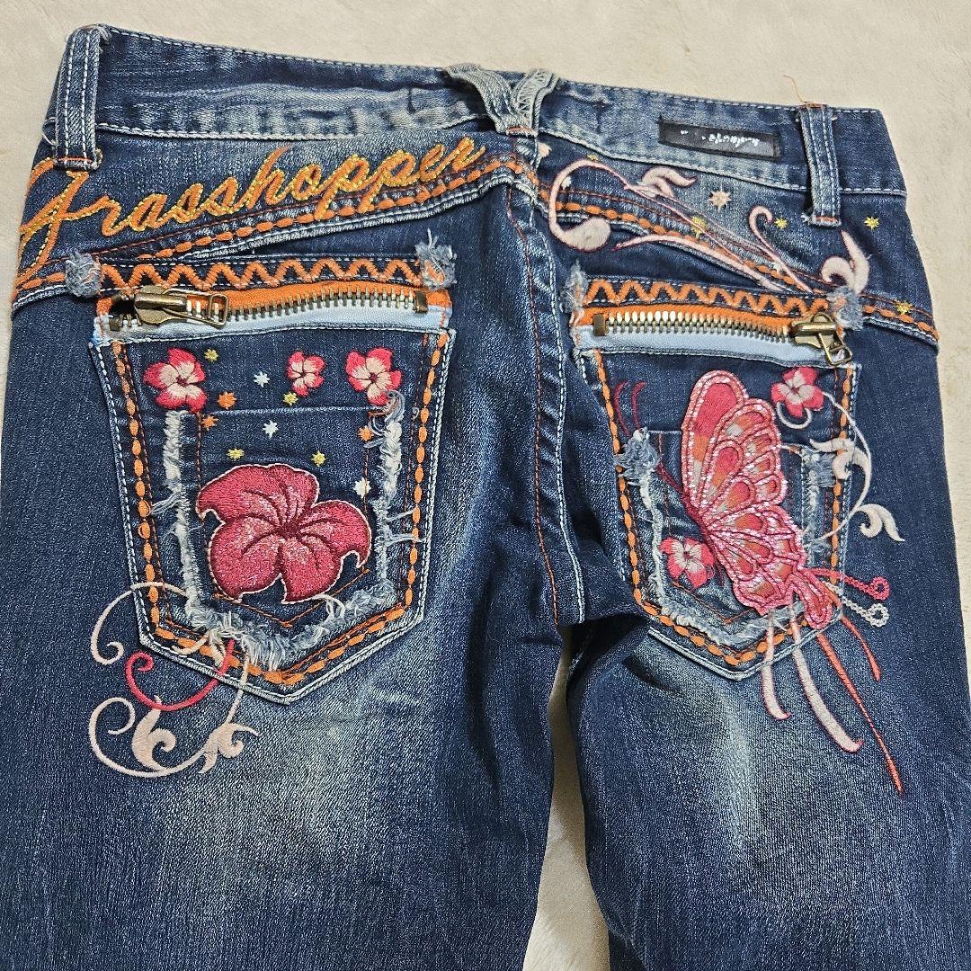 y2k グラスホッパー 美脚 ストレッチ ブーツカット デニム 蝶 刺繍