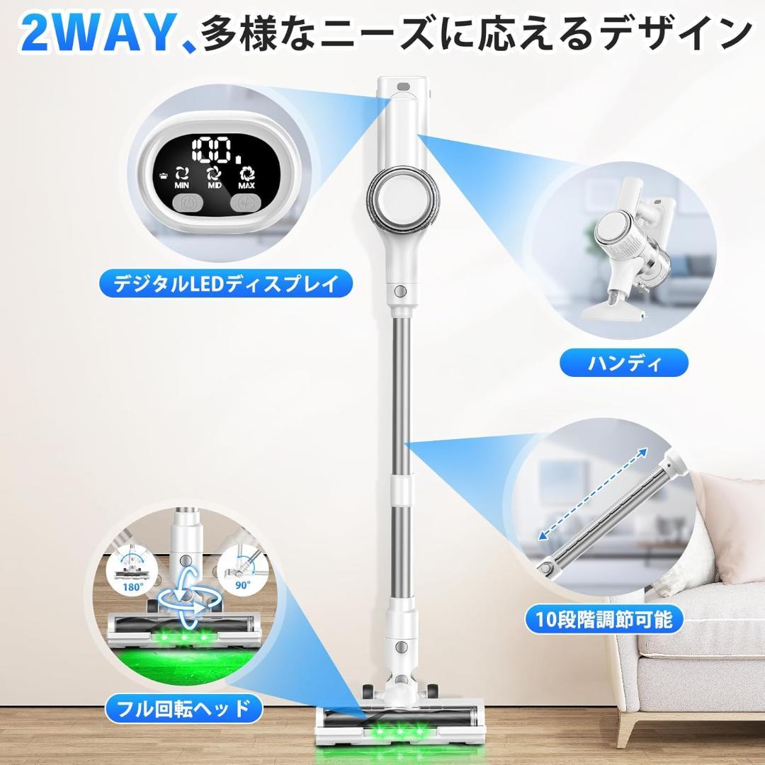 週末限定価格！掃除機 コードレス 65Kpa強力吸引 グリーンLEDライト 白