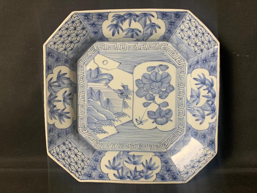 古伊万里 染付 線描 花蝶山水図 隅切 角皿 江戸後期 547