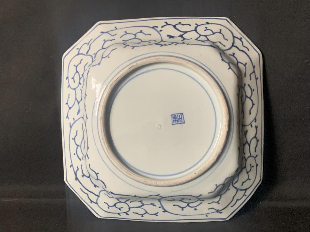 古伊万里 染付 線描 花蝶山水図 隅切 角皿 江戸後期 547
