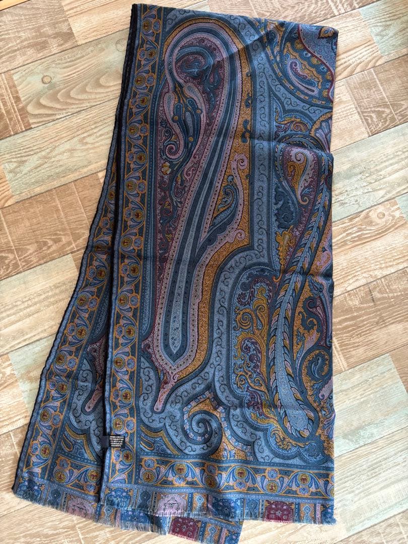 ETRO エトロ ウール×シルク ストール ブルー系 ペイズリー柄