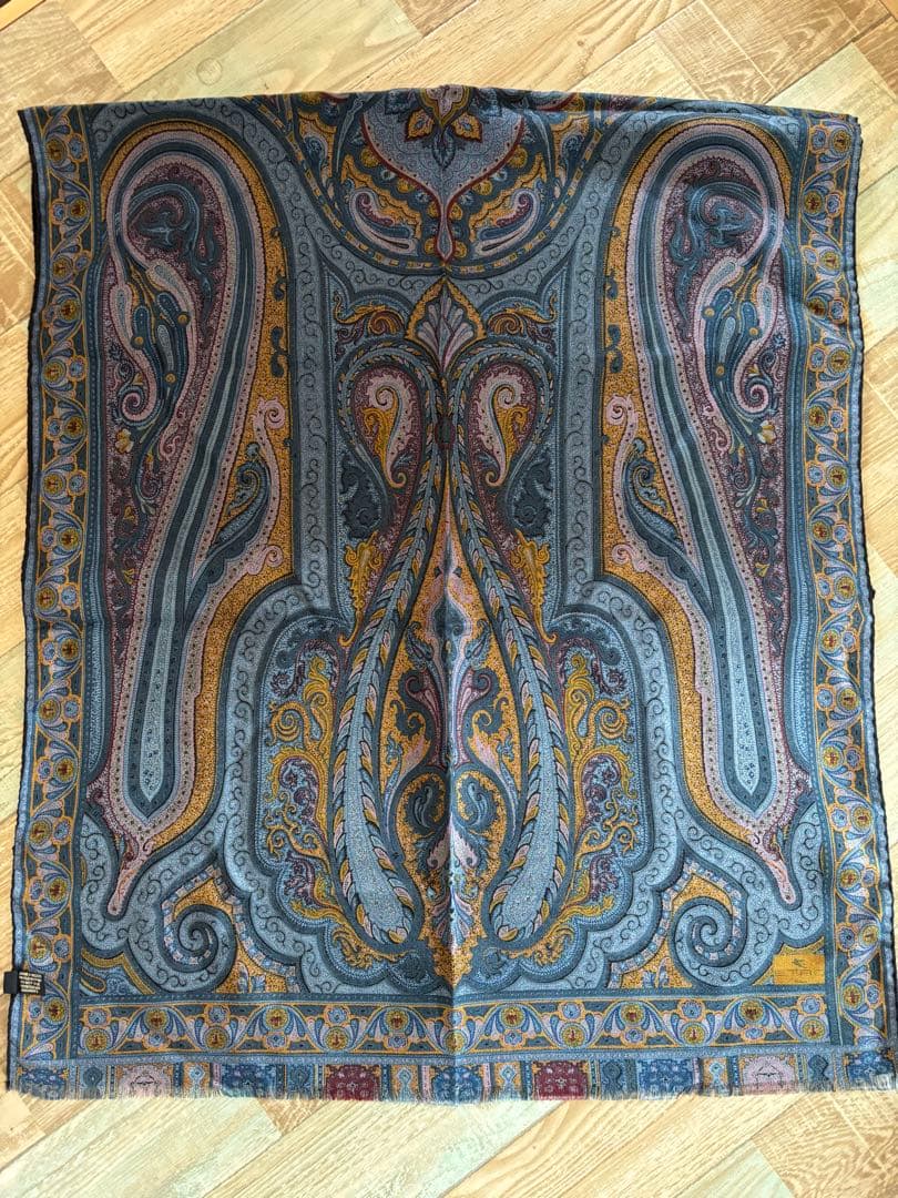 ETRO エトロ ウール×シルク ストール ブルー系 ペイズリー柄