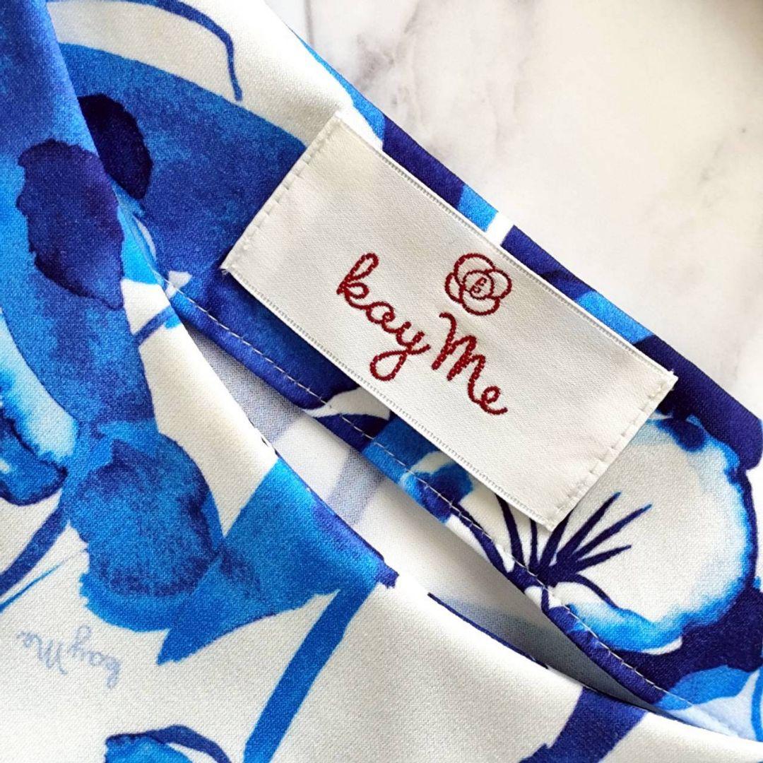 極美品 Kay me ブルーリーフ ギャザーワンピース 白　青