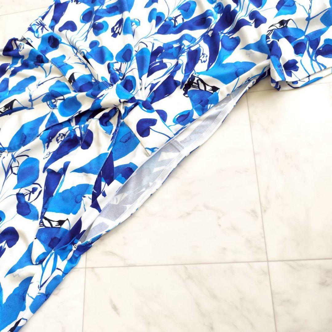 極美品 Kay me ブルーリーフ ギャザーワンピース 白　青