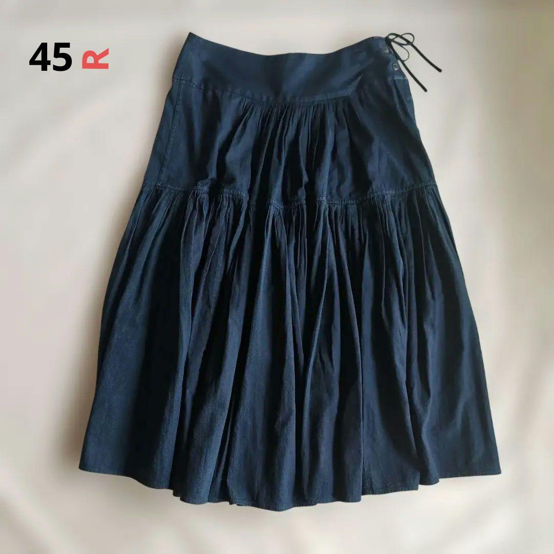 45R たっぷり ギャザー　ティアード　フレアスカート　藍　インディゴ　日本製