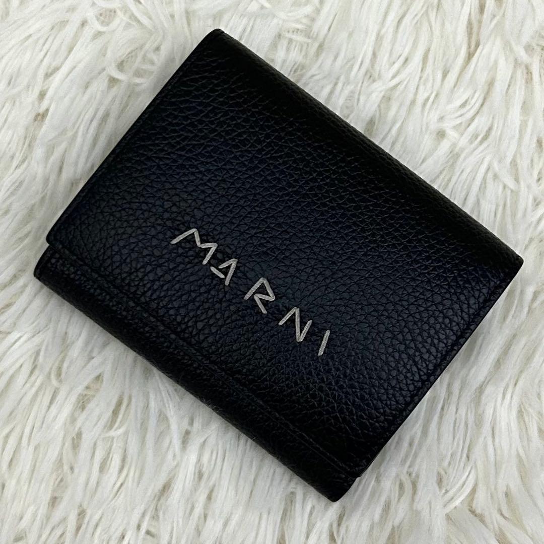 【極美品】MARNI マルニ 三つ折り財布 ブラック ロゴ レザー ウォレット