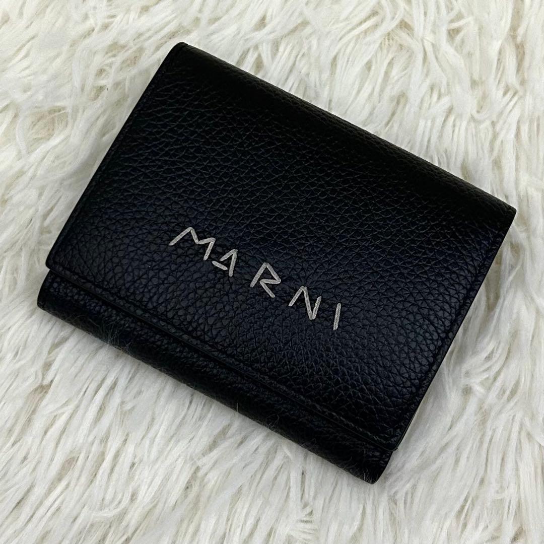【極美品】MARNI マルニ 三つ折り財布 ブラック ロゴ レザー ウォレット