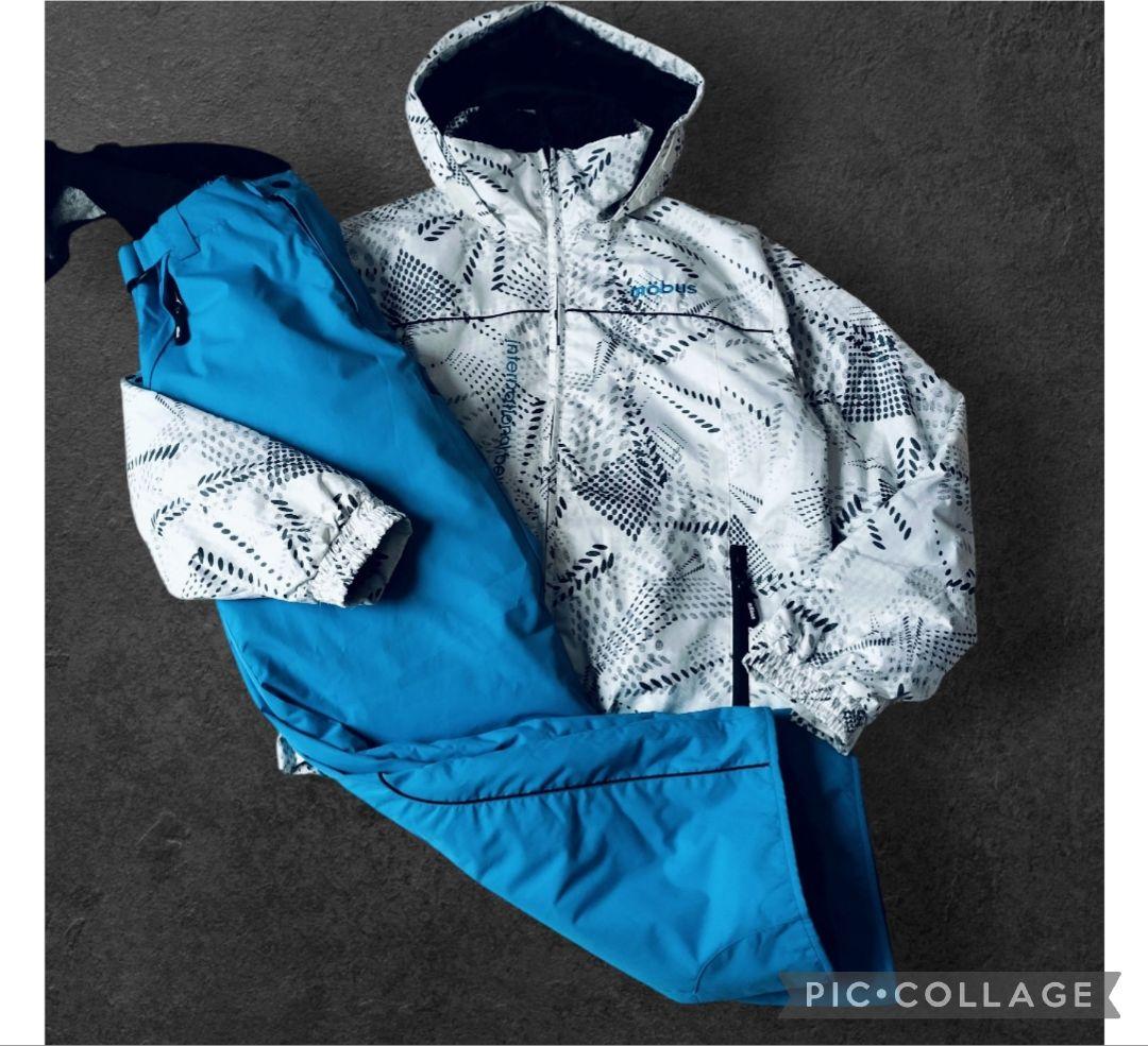 【美品】mobus　スキーウェア スノボ上下160　白×ブルー　幾何学　男女兼用